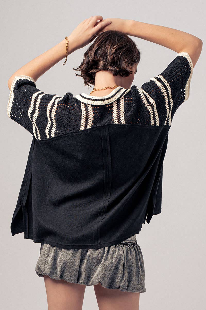 Crochet Lace Button-Down Shirt with Contrast Trim Detail