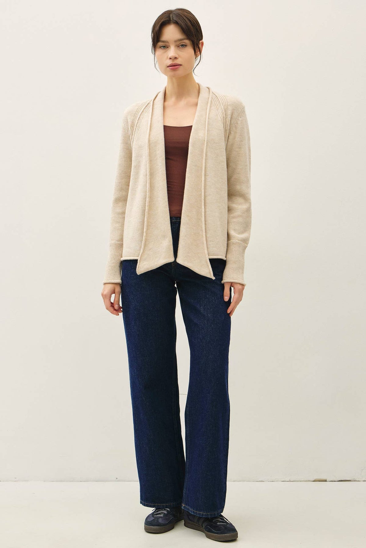 Shawl Collar Open Cardigan with Rolled Edge