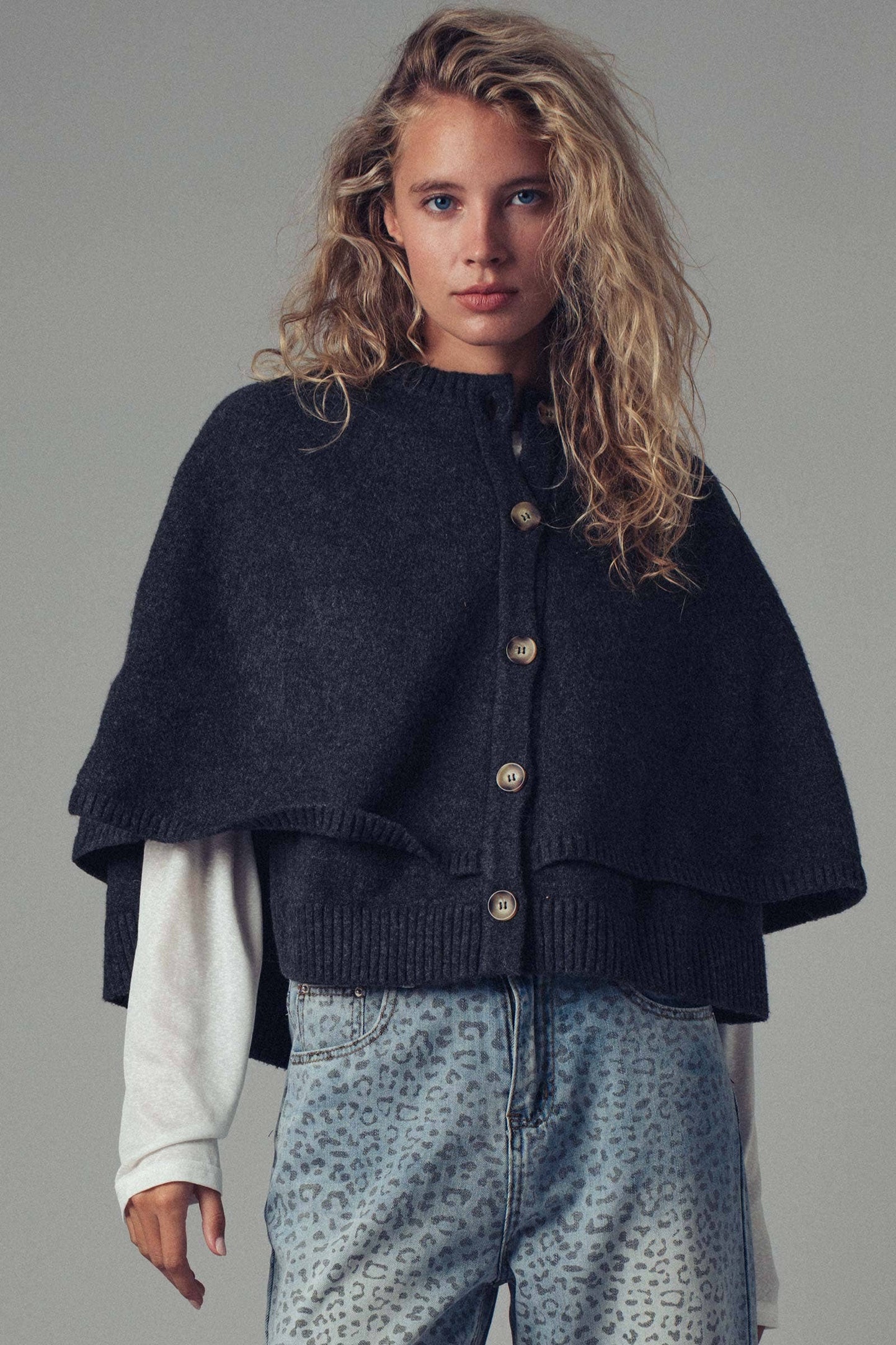 Wool Blend Button Front Sweater Cape