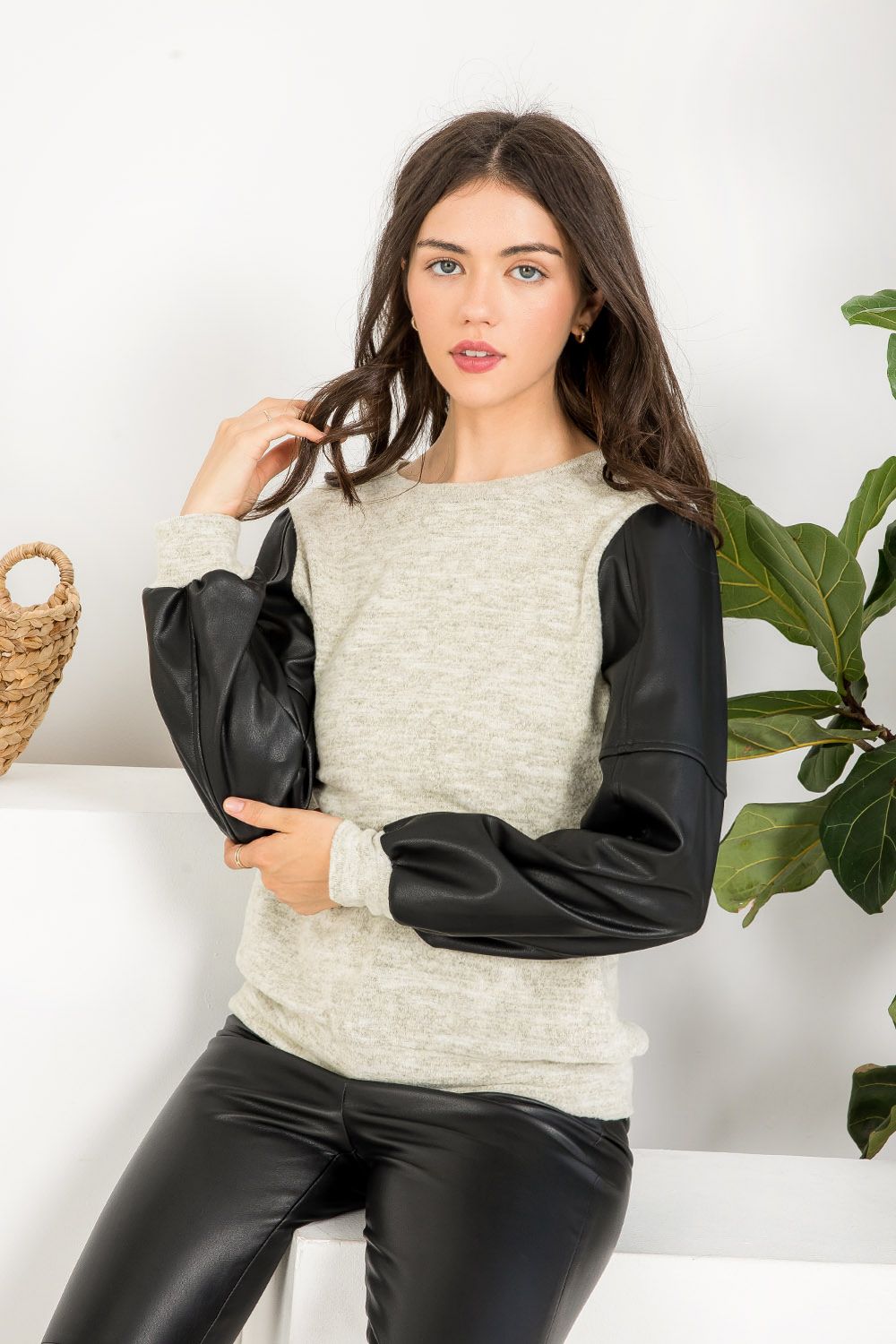 Knit and Leather Long Sleeve Top