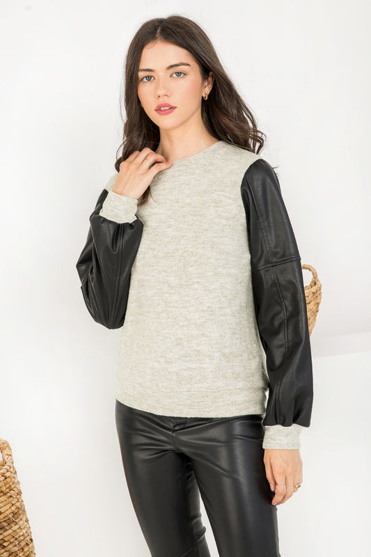 Knit and Leather Long Sleeve Top