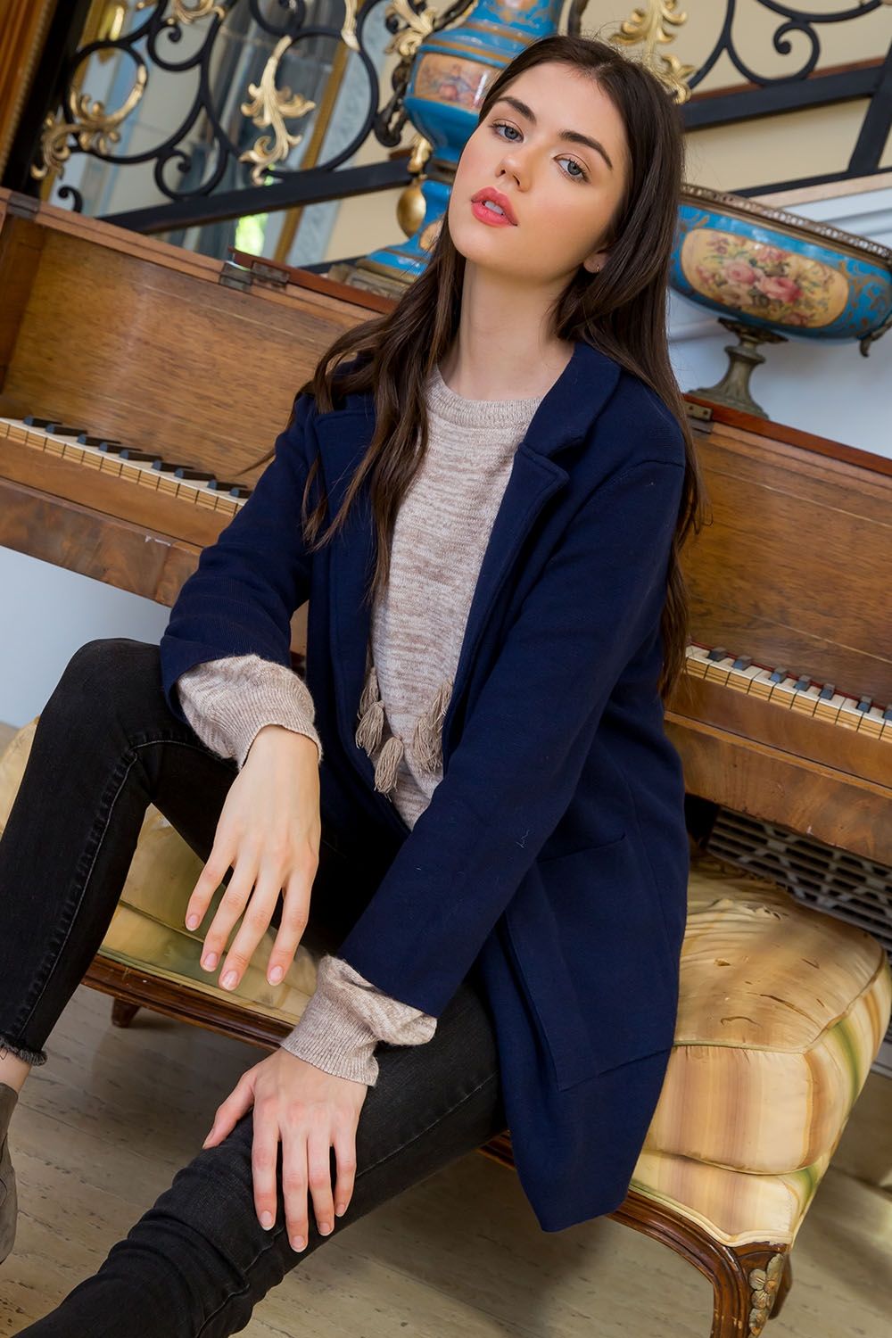 3/4 Sleeve Navy Sweater Blazer