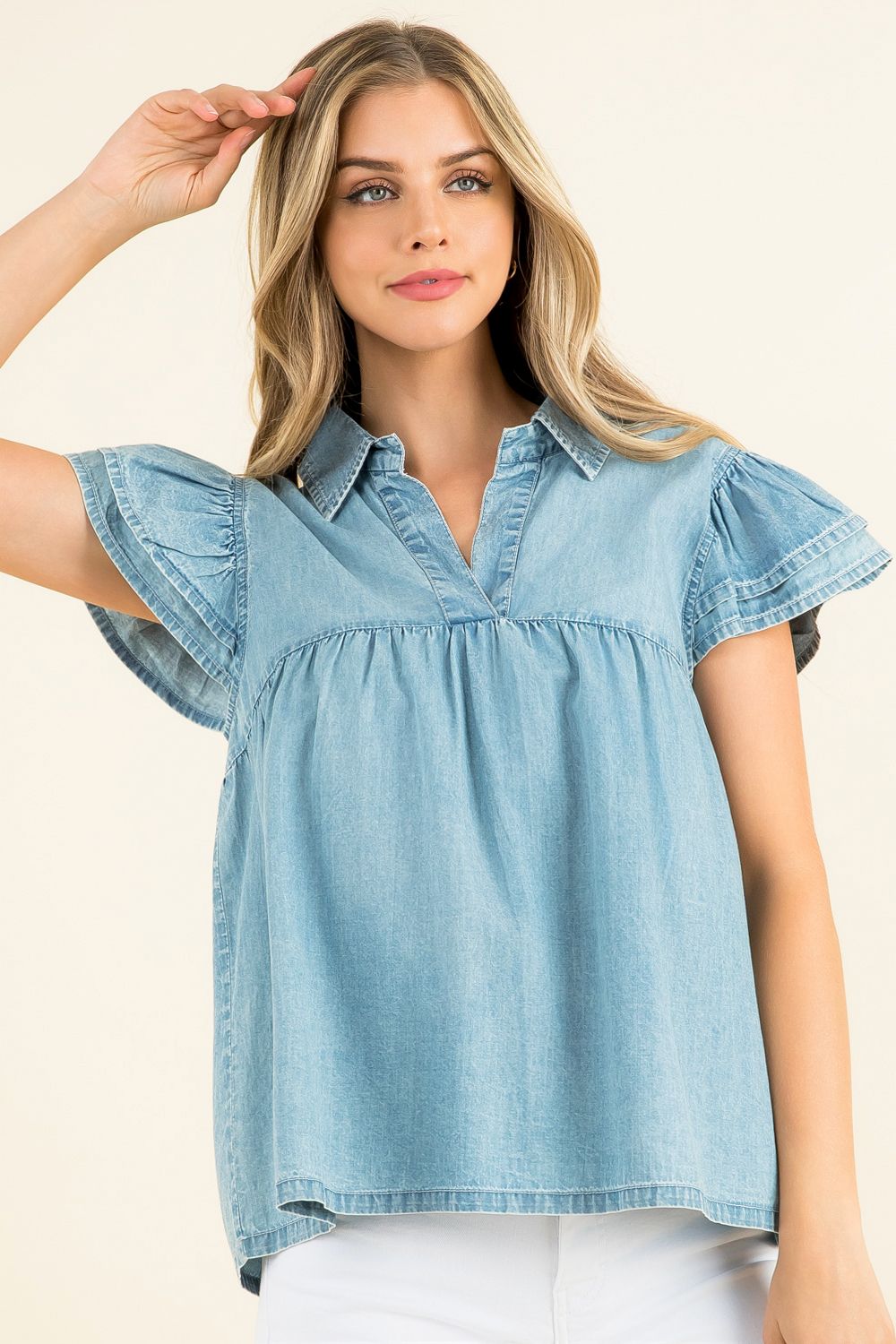 Collared Babydoll Denim Top