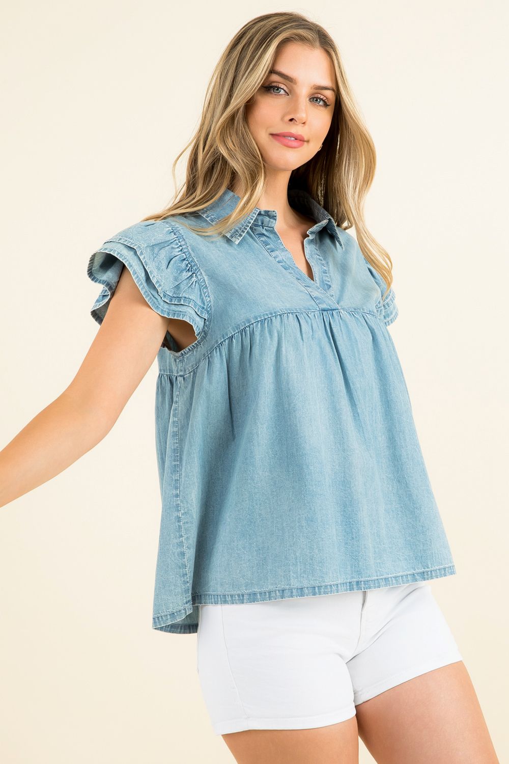Collared Babydoll Denim Top
