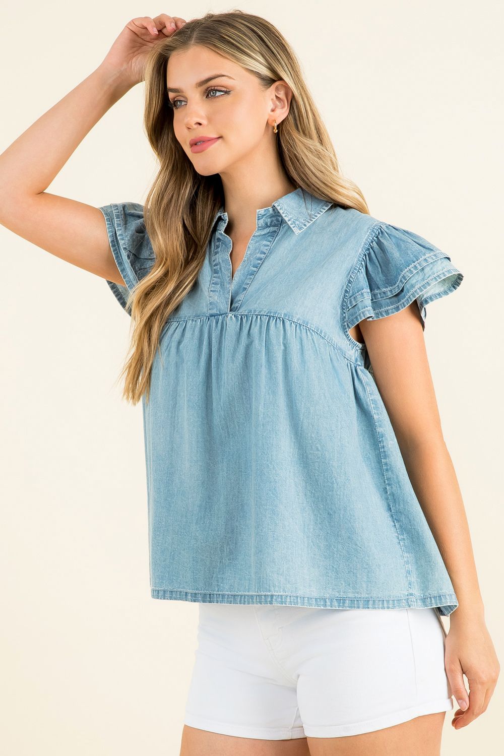 Collared Babydoll Denim Top