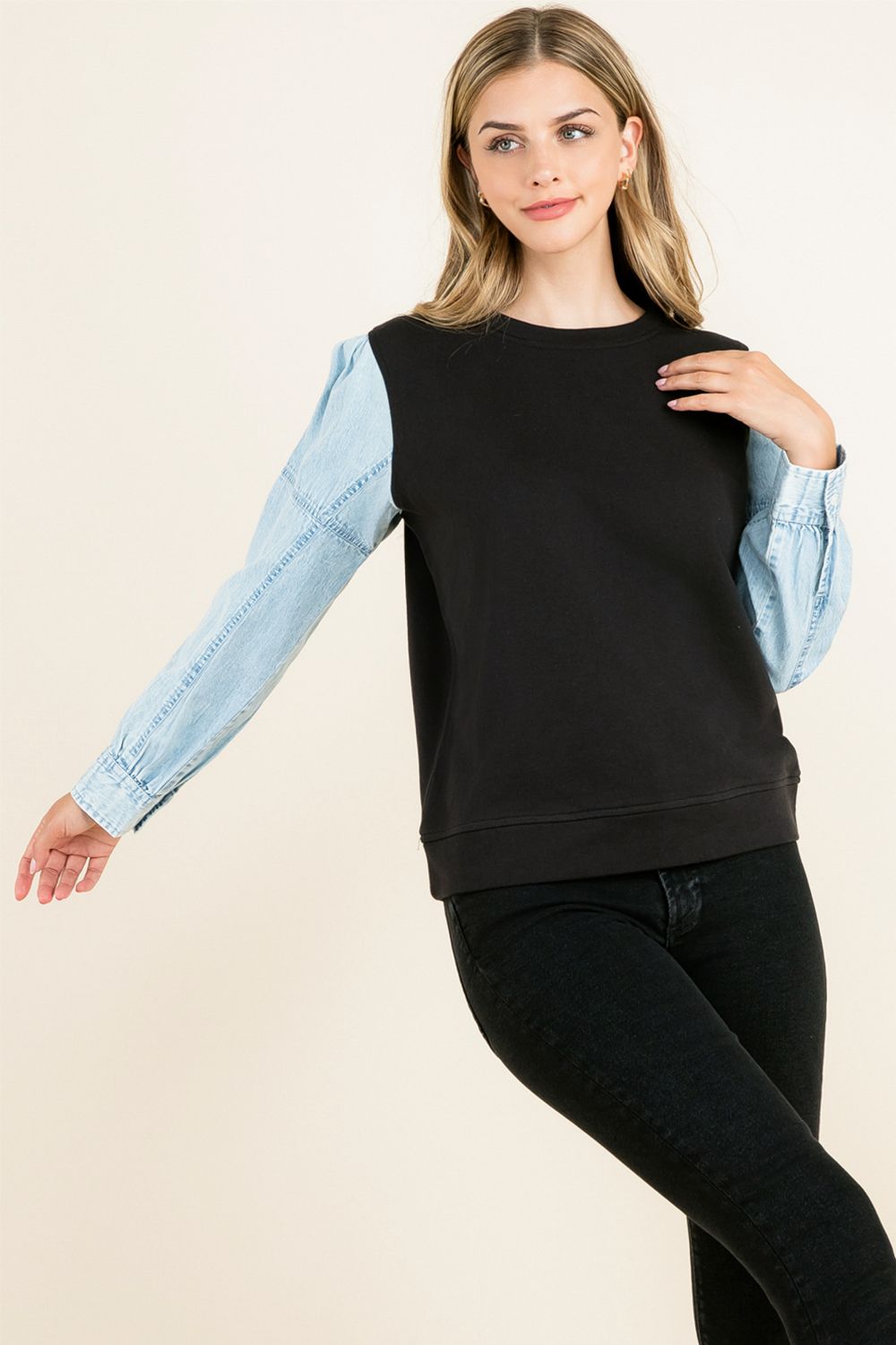 Knit Denim Sleeve Top