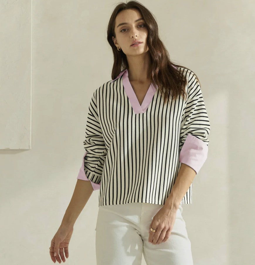 Striped Top with Contrast Neck & Cuffs