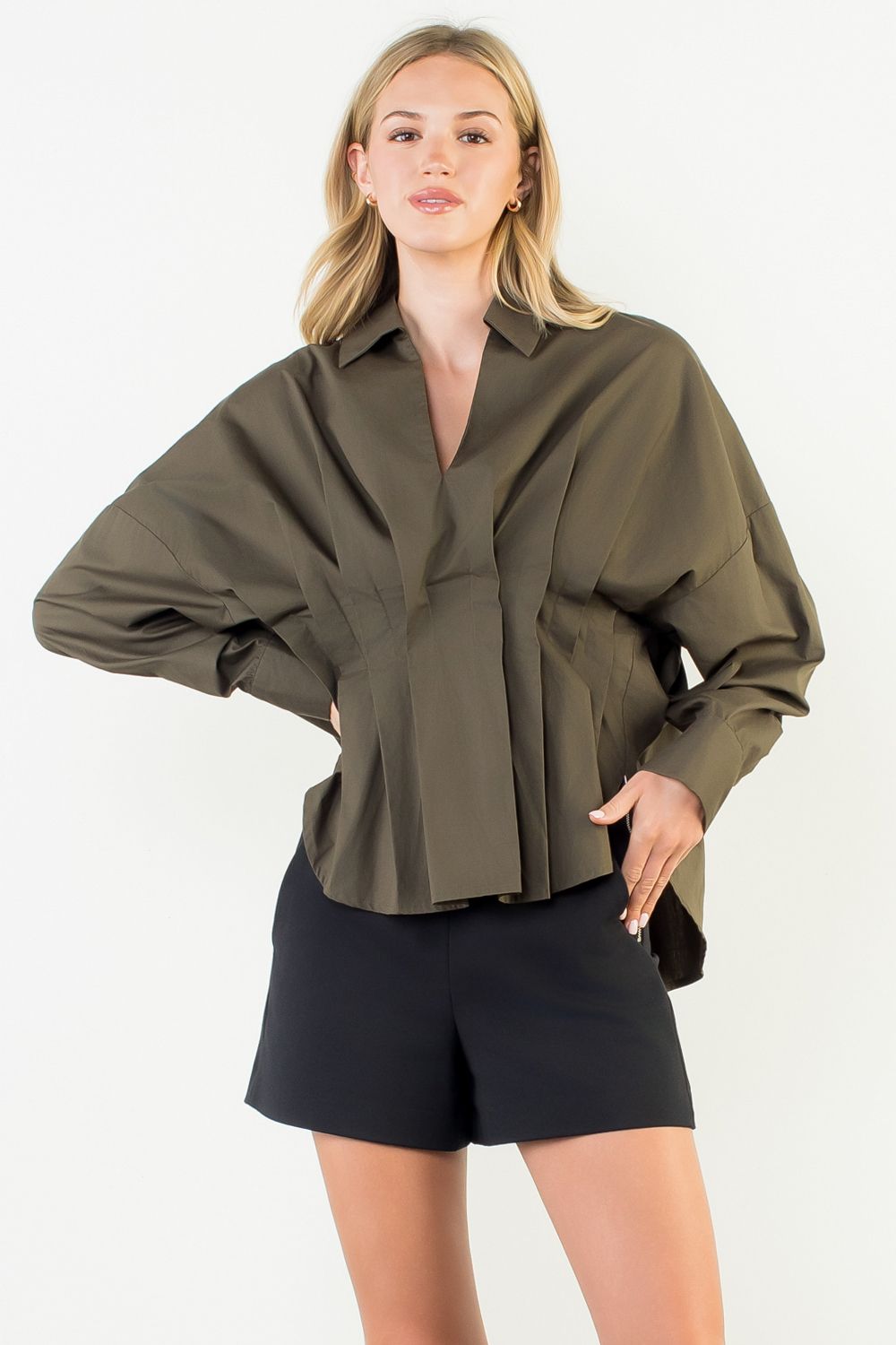 Collared Long Sleeve V-Neck Top
