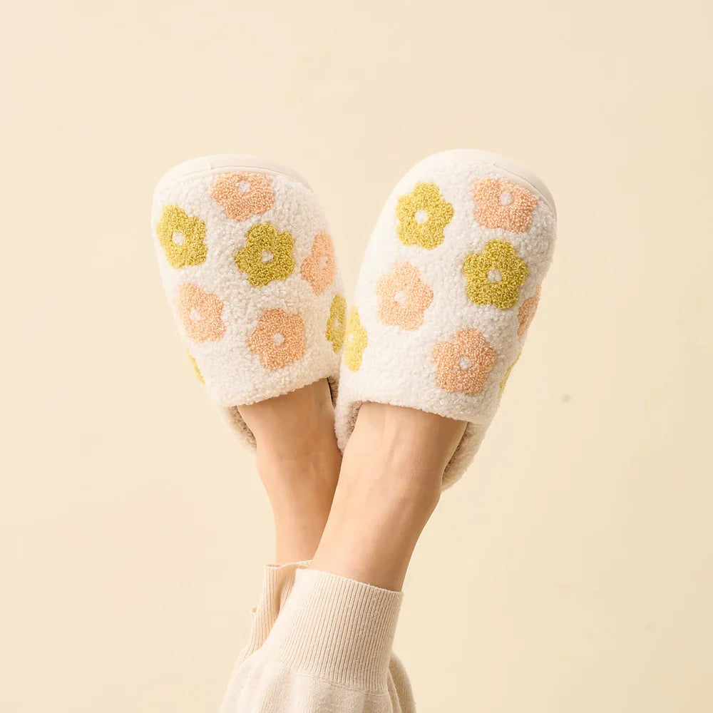Flower Peach Fuzzy Slippers